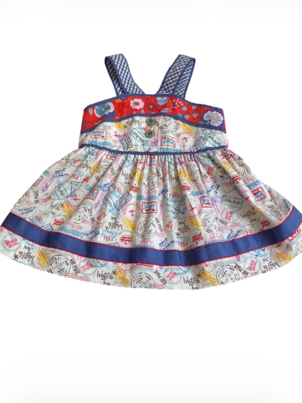Matilda Jane Multicolor Travel-Stamp Print Tunic/Dress with Blue Trim Size 4